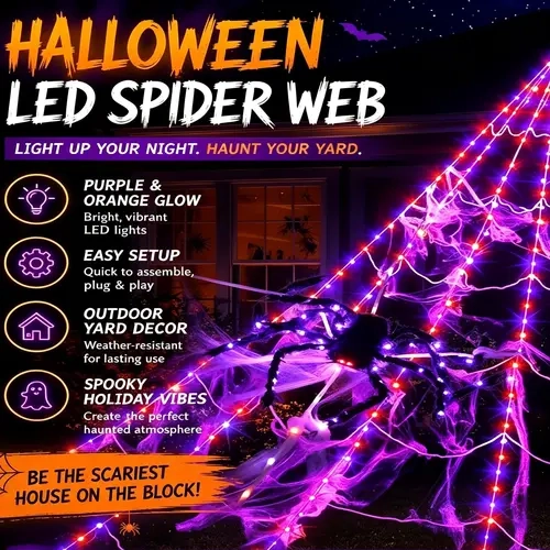 Halloween Giant Plastic Scary Spider Web Decorative Glowing LED Lights Set with Hook, 16.4ft 250 LEDs, 2.46ft Light-Up Big Spider, Violet/Violet-Orange Options, Outdoor Tree Garden Patio Decoration