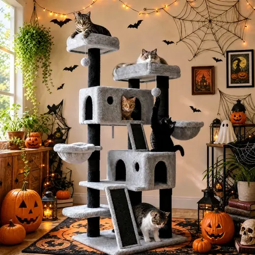 MUTICOR Black & Gray Cat Tree Tower for Indoor Cats, Multi-Level Cat Condo with Plush Perches, Hammock, Baskets & Sisal Scratching Posts, Wide Stable Base, Spooky Season Style
