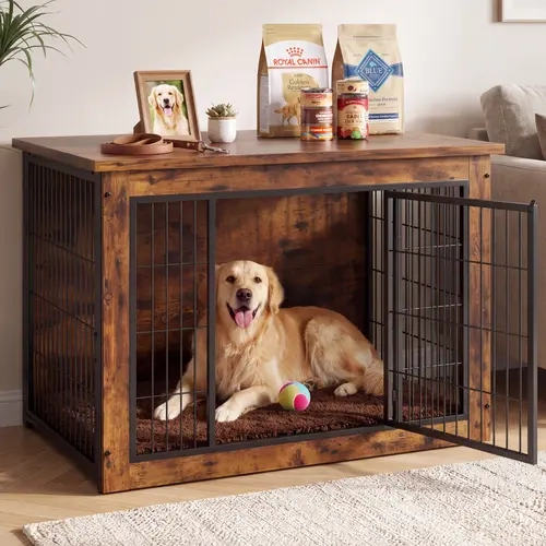 Dog Crate Furniture End Table, Wooden Dog House with Thick Cushion and Double Doors #TikTokShopFallDealsForYou