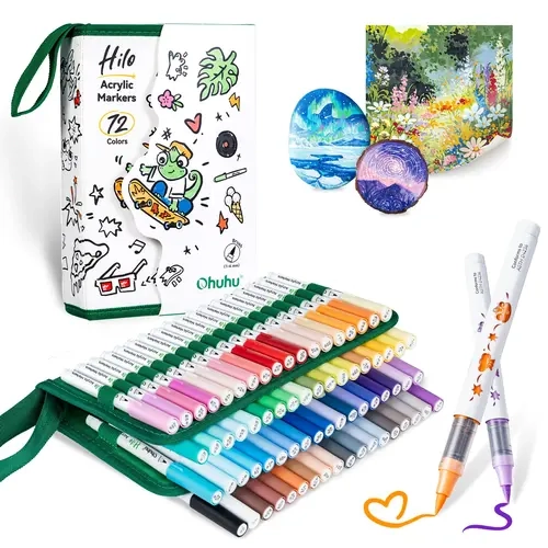 Ohuhu Acrylic Paint Markers: Brush Tip - 48/72 Colors Smooth Blending - Acrylic Markers Good Coverage No Bleed Direct-Ink Acrylic Paint Pens for Adults Paper Coloring Rock 3D Prints Eggs Wood - Hilo Series of Ohuhu