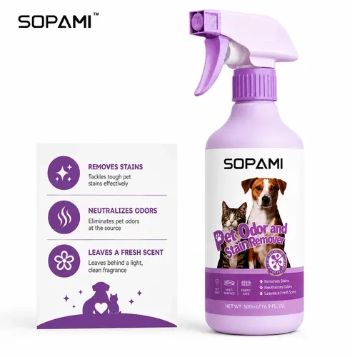 SOPAMI Pet Odor & Stain Remover Spray Bottle, 500ml Plant-Based Neutralizer, Pet-Safe Household Cleaner for Carpet, Sofa, Hard Floors