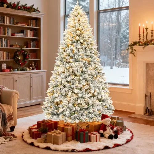 Snow Flocked Prelit Christmas Trees - 6/7.5ft, Warm White LEDs (250/500), Branch Tips (1032/1400), Pine Cones, Hinged Branches, Sturdy Metal Stand