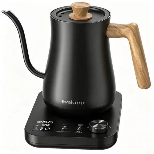 EVOLOOP Gooseneck Electric Pour-Over Kettle - 0.8L Stainless Steel Interior, 110V Input, 1200W Power Fast Boil, +/-1°F Accuracy LCD Display, Retro Black Wood Grain Finish, Curved Spout for Coffee Brewing