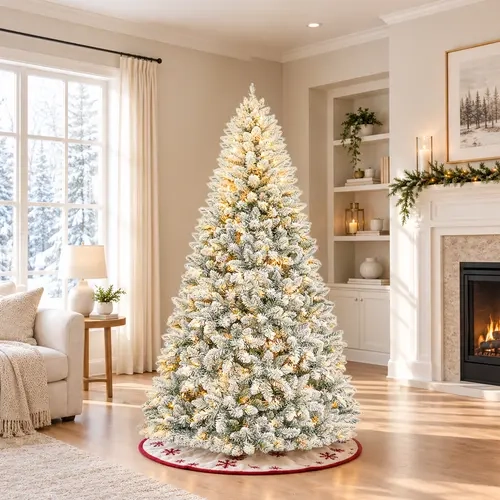 6 ft Snow Flocked Hydrangea Christmas Tree - Pre Lit Plastic Tree with 1,032 Branches, 250 Warm White & Multicolored LED Lights, 10 Lighting Modes, Foot Pedal, Hinged Design, Sturdy Metal Stand