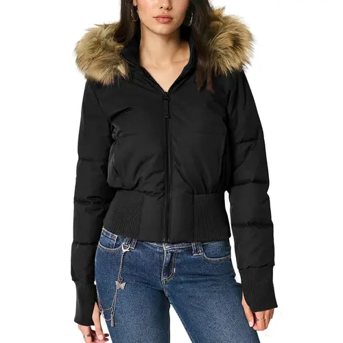 Yimoon Women's Faux Fur Hooded Puffer Jacket, Winter Warm Quilted Zip-Up Coat, Faux Fur Trim Hood, Ribbed Waist & Cuffs,  Lightweight Insulated Outerwear