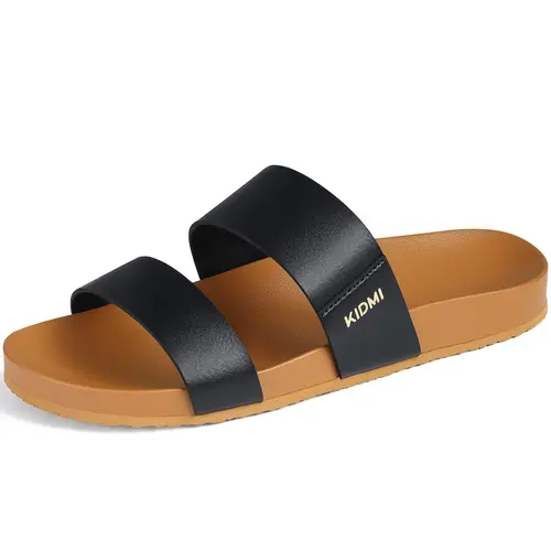 KIDMI Women's Comfortable Arch Support Sandals Vegan Leather Slides | Waterproof Slip-On Summer Slides With Double Strap Design,Flexible Footbed For Beach Vacation,Pool,Travel,Daily Walking And Casual Wear.