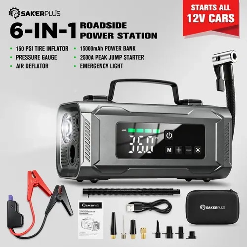 SAKERPLUS 2500A Car Jump Starter with 150 PSI Air Compressor, 6-in-1 Portable Battery Jump Starter Box (Up to 8.0L Gas/6.0L Diesel), 15000mAh Power Bank, 350L/min Inflator/Deflator & 200LM Light