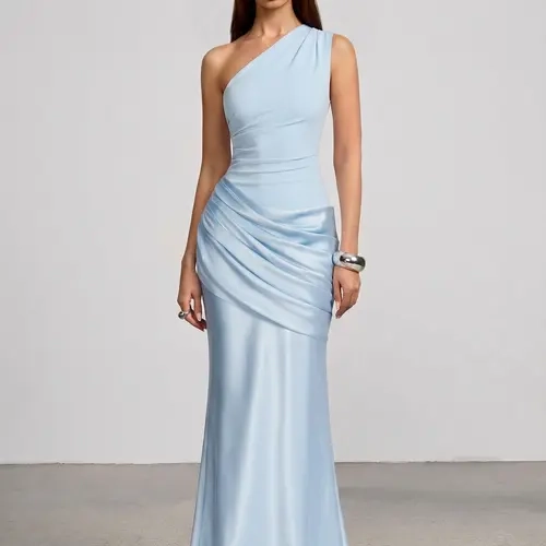 Azazie Willowyn Mermaid Maxi Dress One-Shoulder Structured Pleats Hip Ruching Sculpted Fit for Bridesmaid Wedding Guest Prom Formal Evening sohochic