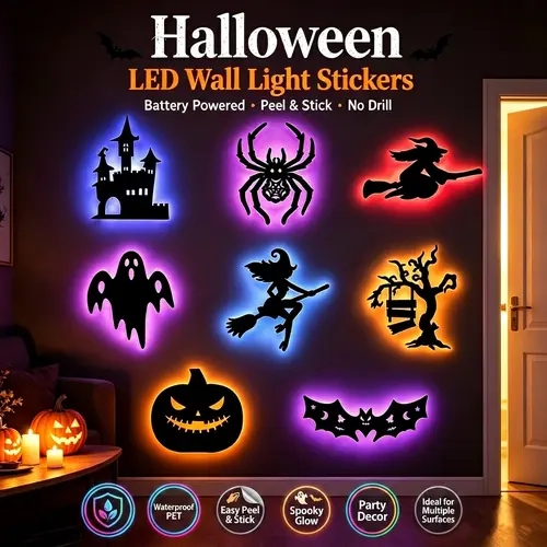 Halloween LED Silhouette Wall Decor - Peel & Stick Battery-Powered Lights, No-Drill Spooky Decor for Windows & Doors, 8/16/24/32-Pack (Ghost, Pumpkin, Witch, Bat, Castle, Spider Designs), Led Wall Lights