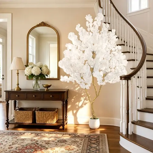 5FT/6FT/7FT White Faux Cherry Blossom Tree in Round White Planter, Artificial Flowering Plant for Indoor Home Decor, Living Room, Bedroom, Entryway, Office and Wedding Decor