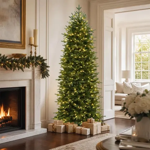 Prelit Pencil Christmas Tree (6ft/7.5ft) - Warm Lights LEDs (300/400), Mixed Tips Plastic (PE&PVC) Branches (1622/2006), Hinged Design, Sturdy Stand
