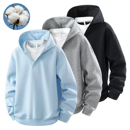 Men's Cotton 2-Piece Hoodie & Sweatshirt Set - Stylish, Simple, Soft Mock Neck, V-Neck Half-Zip, Loose Fit Plain Tops, Breathable Vintage Menswear for Autumn Casual Wear, Pair with Jeans