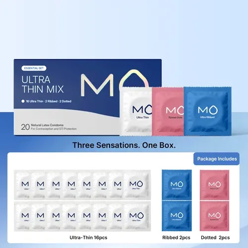 MO Trio Bundle Variety Pack Condoms for Men, Menswear, 20-Piece Natural Latex Contraceptives, Universal Regular Fit, 3 Triple Sensations Textured Mix (Ultra Thin, Ribbed Dot), pH Balanced, Comfortable, No Tight Feeling, Free 3-Day Shipping, SohoChic