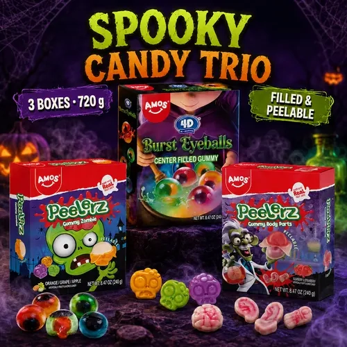 AMOS Halloween Gummy Candy Trio, 4D Burst Eyeballs Center-Filled Gummies, Peelerz Zombie & Body Parts, Party Treats, 720g Total, Gift Pack!