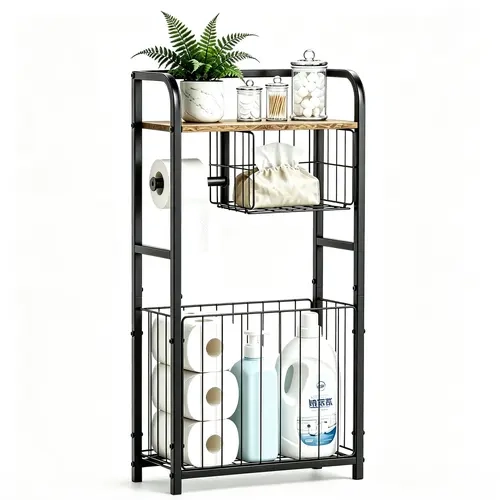 Black Freestanding Toilet Paper Holder with Rectangular Storage Basket & Top Shelf, Compact ABS-Steel-Wood Slim Bathroom Organizer for Small Spaces, Bathroom Organizing Accessories