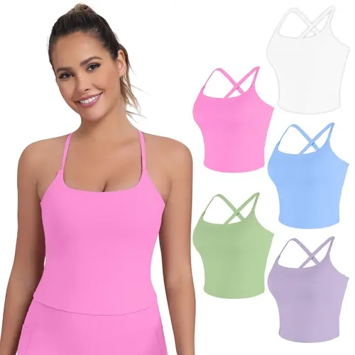 1/3/5-Pack Women's Adjustable Strap Built-in Bra Tank Tops, Cross Back & Spaghetti Strap Design, Scoop Neck Longline Sports Bra with Removable Pads, Soft Stretch Fabric Yoga Workout Activewear