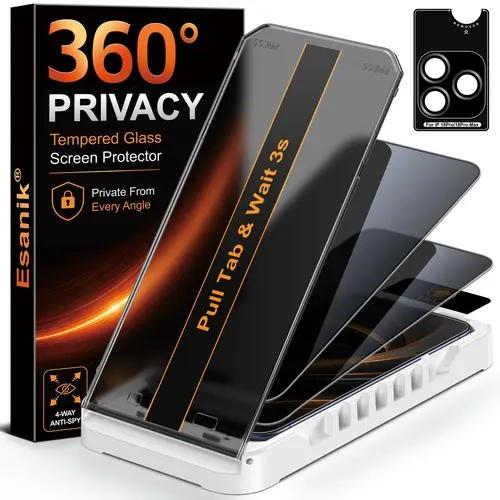 Esanik 2+1 Pack 360° Privacy Screen Protectors for iPhone 18 Pro Max/18 Pro, 4-Way Anti-Spy Tempered Glass, Face ID Compatible, 4X Stronger, Full Coverage, Easy 1-Pull Installation, Military-Grade Shatterproof