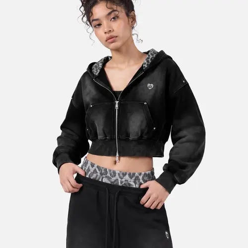Aelfric Eden Leopard Print Studded Cropped Spray Dyed Zip Up Hoodie Washed Drop Shoulder Oversized Y2K Vintage Streetwear for Women