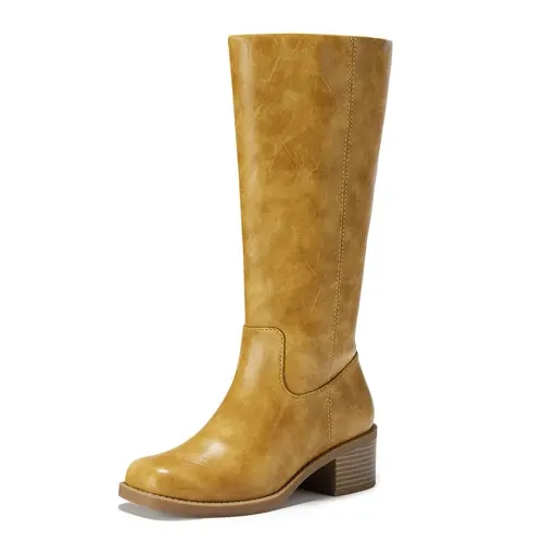 FITORY Women's Banana Knee High Boots Square Toe Wide Calf Platform Chunky Block Heel Slip-On Riding Boots