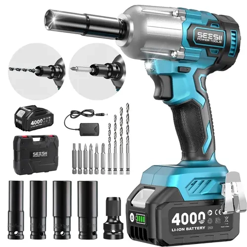 SEESII Impact Wrench WH650 Pro, 3‑in‑1 Cordless 1/2‑Inch Impact Wrench,590 Ft‑Lbs (800N.m), 4.0Ah Rechargeable Battery, 4 Sockets, Drill & Screwdriver Bits Kit for Tire Changing, Auto Repair, Construction & Household DIY Projects