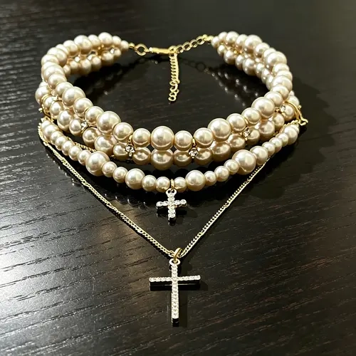 Layered Look Multi-Layered Imitation Pearl Cross Pendant Necklace with Gold Chain - Bridal Jewelry, Costume Jewelry Necklace for Special Events Indoor Recreation Accessory