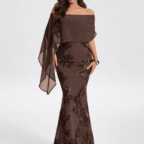 Azazie Rhiannon Off-Shoulder Draped Ribbon Embroidered Mermaid Maxi Dress for Wedding Guest Cocktail Party Evening Formal sohochic