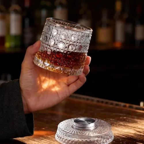 CEEFU 360° Rotating Crystal Glass Cup - 9.57oz Premium Spinning Drinkware with Stable Base, Snowflake Design, Gift Box, Party Home Supply, Unique Gift for Him & Dad Friends