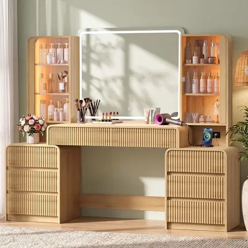 Sikaic 63" Big Vanity Desk, Fluted Makeup Vanity with Mirror Lights, Large Dressing Table with Charging Station, Sound Sync Chasing LED Lights, Wood Vanities, Luxury Glass Cabinets, 8 Drawers, Girls, Women Christmas Gifts [TiktokShopFallDealsForYou]