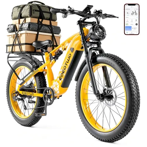 EOEOTWO E03 Unisex Adult Fat Tire Electric Mountain Bike - Peak 1500W Motor, 48V 17.5Ah Removable Battery, 60 Mi Pedal Assist, 34MPH Top Speed, Full Suspension, 7-Speed, 5 PAS Modes, Dual Disc Brakes, Steel Frame, for Mountain Cycling, Adventure