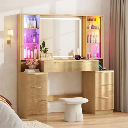 Sikaic 51.2" Big Fluted Makeup Vanity with Mirror Lights, Large Wood Dressing Table with Charging Station, Sound Sync Chasing LED Lights, Luxury Glass Cabinets, 8 Drawers, Girls, Women Christmas Gifts  modern [TiktokShopFallDealsForYou]