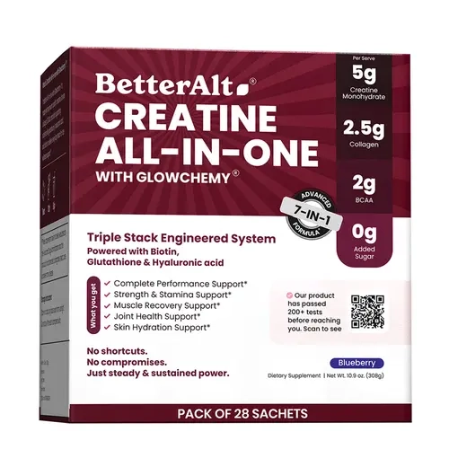 BetterAlt's Blueberry Creatine All-in-One with Glowchemy | Lab-Tested | Helps Support Strength, Recovery & Skin Health | 7-in-1 Formula | 28 Servings