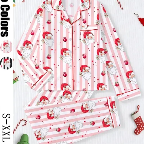 Women's Christmas-Themed Pajama Set, Casual Long-Sleeve Button-Front Top and Elastic-Waist Pants, Holiday Gift, Comfortable Loungewear, Sleepwear