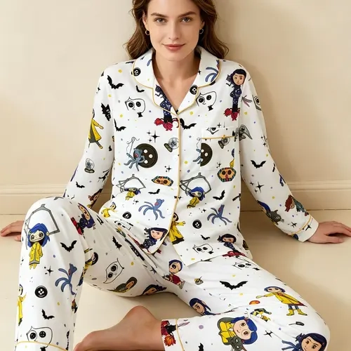 Women's Pajama Set with Cartoon Print, Long Sleeve Shirt and Pants, Casual Fitted Sleepwear, All Seasons, Party Gift, Home Wear Pyjamas