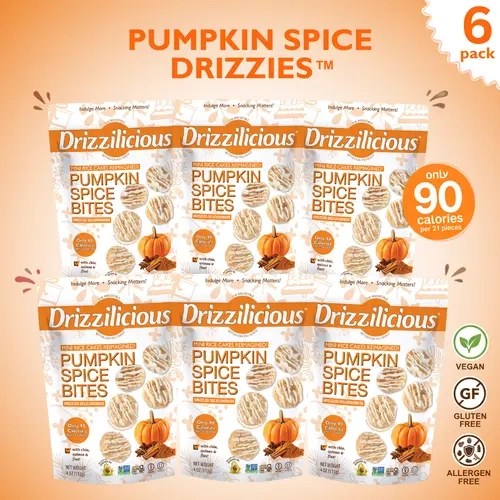 NEW! 6 Pack Drizzilicious Pumpkin Spice Mini Rice Cakes For Halloween - 4oz Bags