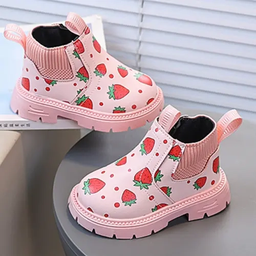 Girls' Strawberry Pattern Zipper Short Print Boots, Cute Fashion Shoes for Toddlers, Casual All-Season Footwear, Above Ankle Below Knee
