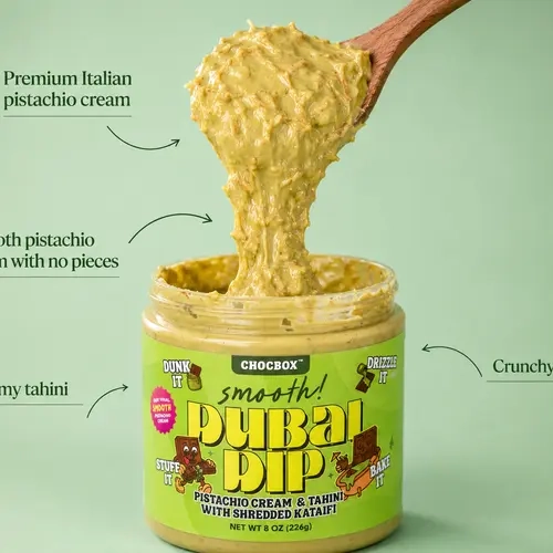 Chocbox Smooth Dubai Pistachio Cream Dip - Sweet Food and Snacks, Ambient Temp Jar Container, Crunchy Kataifi Spread, Dubai Chocolate Cup (No Pistachio Pieces)