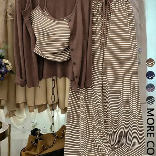 Women's Plain Knit Cardigan Set, Button Front Design, Striped Tank Top, Loose Leg Pants, Elegant Casual Style, Fall & Winter Wear