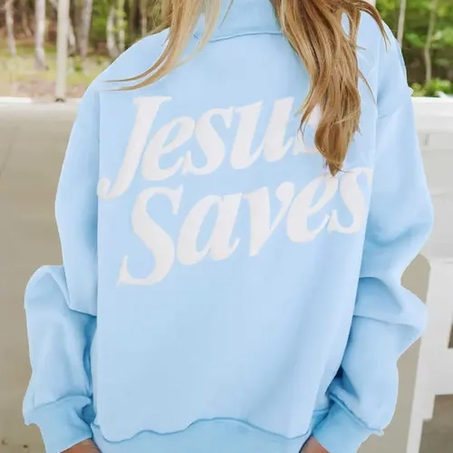 Women's Jesus Saves Statement Print Mock Neck Sweatshirt - Lady's Oversized Longsleeves Soft Tops, Casual Loose-Fit Pullover with Comfortable Fabric, Stylish Design
