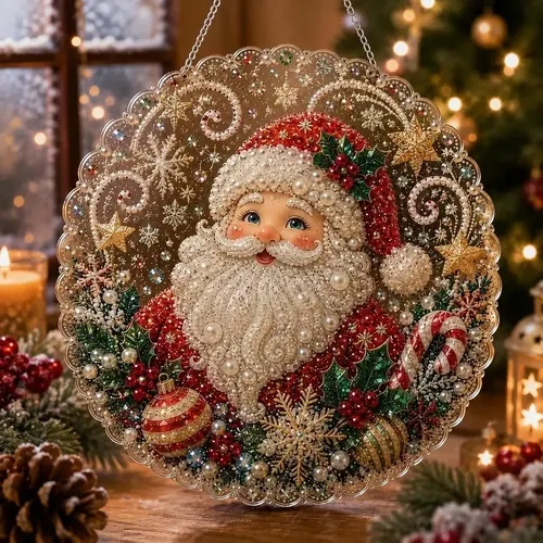 Christmas Pearl Diamond Painting Suncatcher Craft Kit, DIY Crafting Set (8in) - Pre-Assembled Metal Chain, Acrylic Round Board with Lace Edge, 3D Mixed-Sized Pearl Beads, Festive Window Wall Decor,DIY Handmade Holiday Hanging Decor,Christmas gift