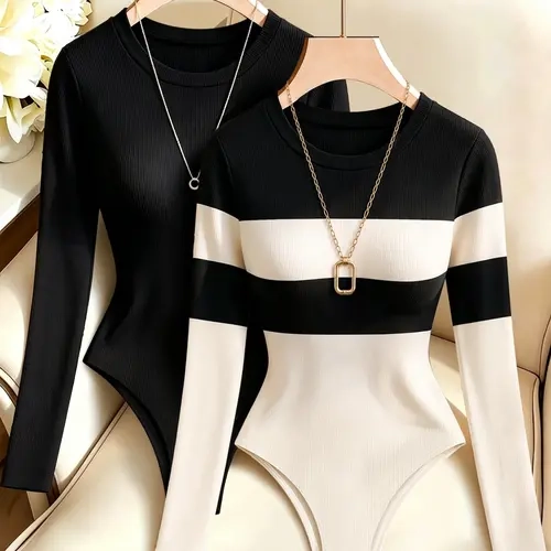 Round Neck Slim-Fit Elastic Long Sleeve Stripe bodysuit, Versatile Two-Piece Bodysuit, Perfect for Daily Wear