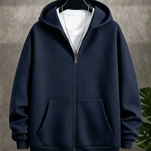 Men’s casual lightweight zip up hooded sweatshirt, navy blue, autumn, back to school holiday, long sleeve, fashionable minimalist versatile sports style top Menswear Beige grey hoodie man