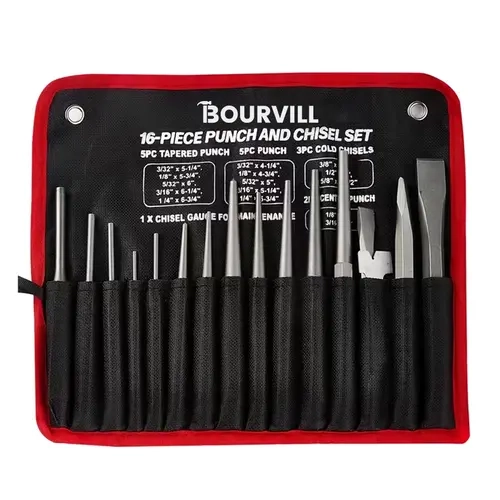 16-Piece Punch and Chisel Set with Storage Pouch, Including Taper Punch, Cold Chisels, Pin, Center Punch, Chrome Vanadium Steel