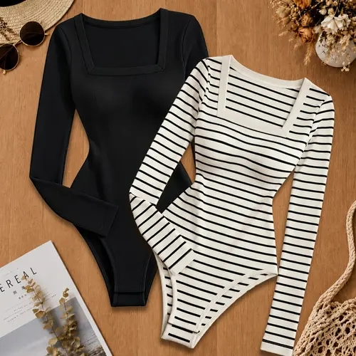 Two-Piece Elegant Striped Square Neck Slim Fit Long Sleeve Bodysuit, Elastic Slimming Versatile Base Layering Set