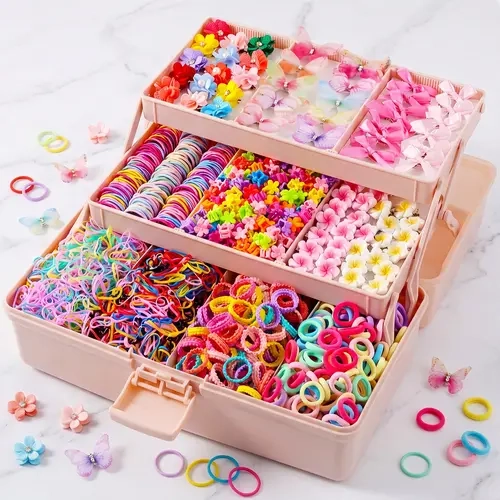 Kids' Dopamine Clips & Hoops Set (2662pcs in Box) - Cute Style Floral Nylon Hair Accessories, Rhinestone, Imitation Pearl, Butterfly, Bowknot, Minimalist Hoops, Rubber Parts, All-Season Ideal Gift