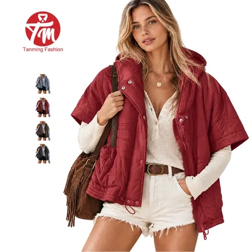 Tanming Womens  Dropped-Shoulder Hooded Short Sleeve Puffer Vest - Oversized Quilted Jacket Casual Outerwear Top - Spring Fall Winter Daily Casual Commute Office School Shopping Outdoor Travel Streetwear Outfits