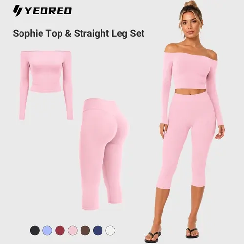 YEOREO Women's 2-Piece Workout Set - Off-Shoulder Top & Capris, Matching Gym Sports Apparel for Active Use, 2 Piece Sets