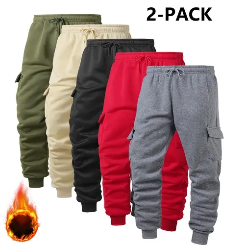 Men's Thermal 2PCS Polyester Loose-Fit Full-Length Fleece-Lined Cargo Sweatpants - Multi-Pocket, Drawstring Cuffs, Machine Washable, for Autumn Winter Gym & Casual Streetwear, Thermal Men's Pants