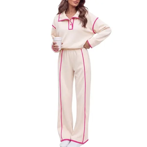Fisoew Women's 2-Piece Essential Preppy Tracksuit Set - Button-Accented Polo Collar Ribbed Long Sleeve Lightweight Sweatshirt Top & Wide Leg Pants with Contrast Piping, Casual Loungewear