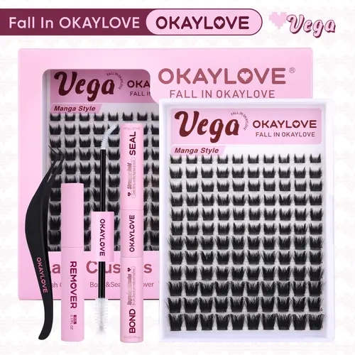 OKAYLOVE Vega Manga Lash Clusters Kit - 8-18MM D Curl Lash Extension Kit, Lightweight DIY Eyelashes Extensions Set with 1-2 Weeks Long-lasting Bond & Seal, Tweezers, Remover for Bold Spikes, Volume, Home Makeup Anime Look