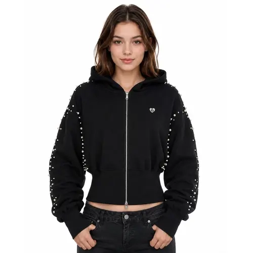 Aelfric Eden Pearl Studded Cropped Zip Up Hoodie Balloon Sleeve Oversized Fit Y2K Streetwear Casual Hoodie for Women